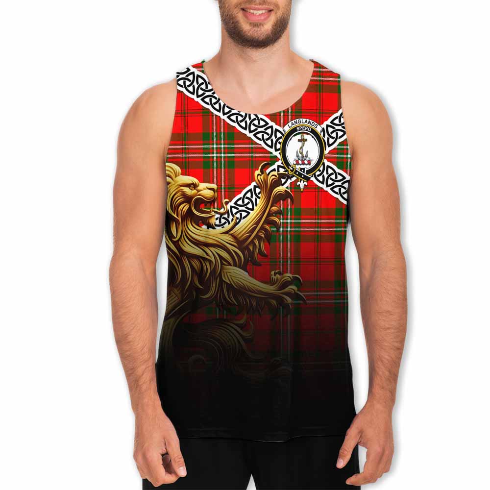 Tartan Vibes Clothing Langlands Crest Tartan Men's Tank Top with Golden Lion Emblem Celtic Style