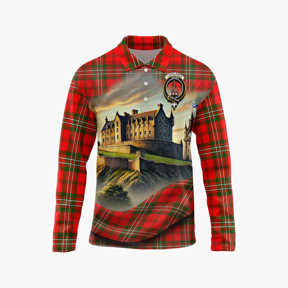 Tartan Vibes Clothing Langlands Tartan Family Crest Long Sleeve Polo Shirt with Scottish Ancient Castle Style