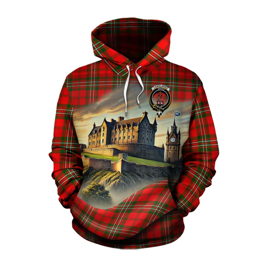 Tartan Vibes Clothing Langlands Tartan Family Crest Cotton Hoodie with Scottish Ancient Castle Style