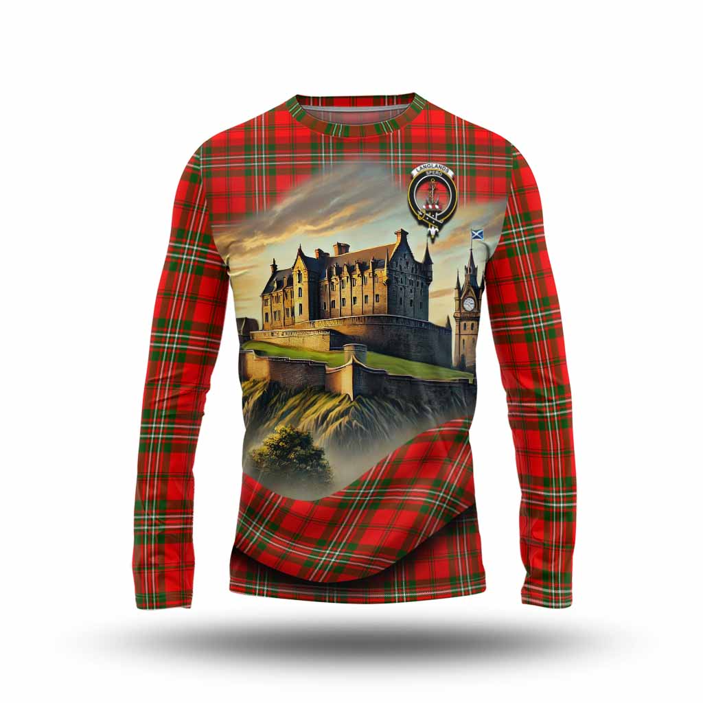 Tartan Vibes Clothing Langlands Tartan Family Crest Long Sleeve T-Shirt with Scottish Ancient Castle Style