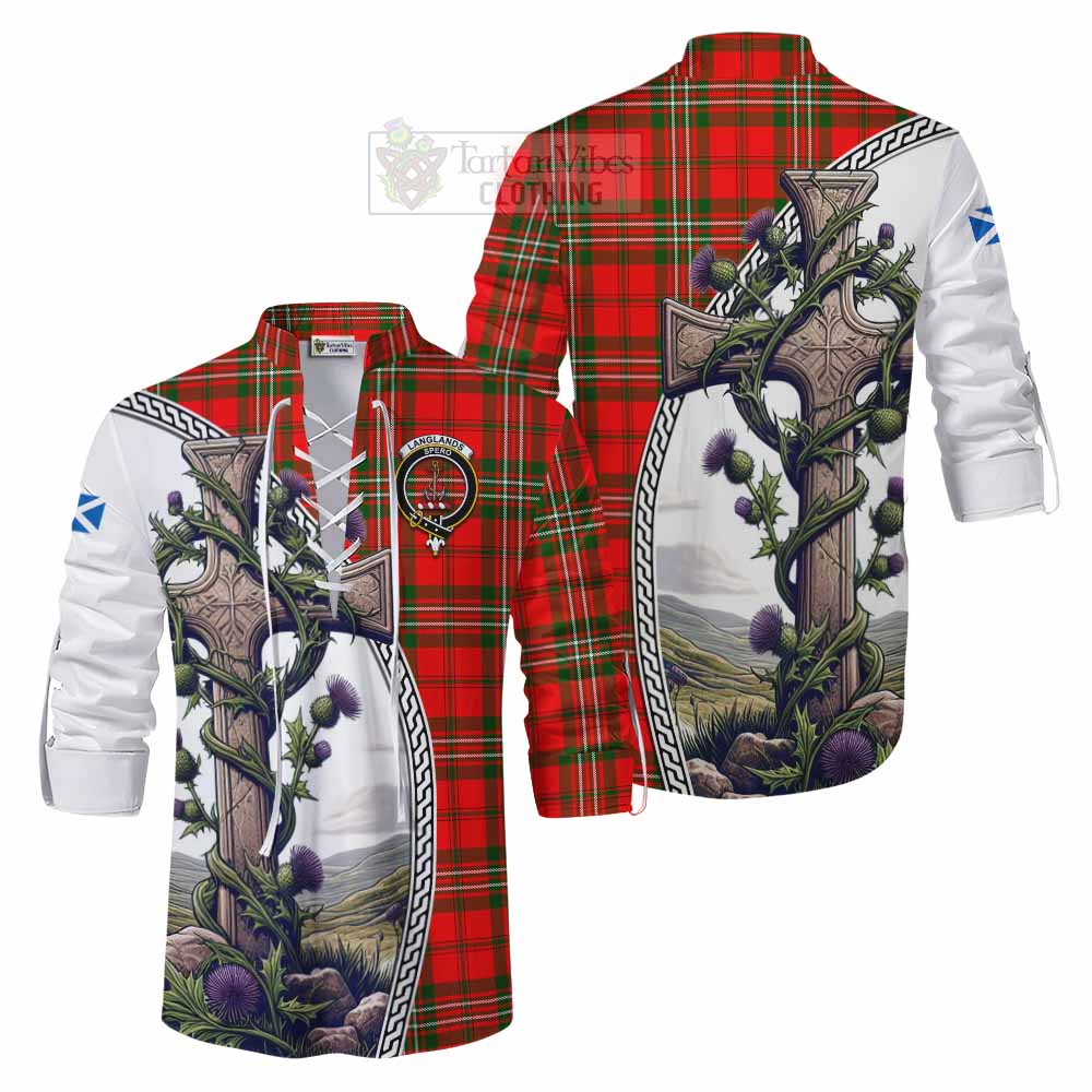 Tartan Vibes Clothing Langlands Tartan Ghillie Kilt Shirt with Family Crest and St. Andrew's Cross Accented by Thistle Vines