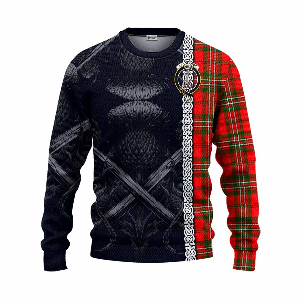 Tartan Vibes Clothing Langlands Tartan Knitted Sweater with Family Crest Cross Sword Thistle Celtic Vibes