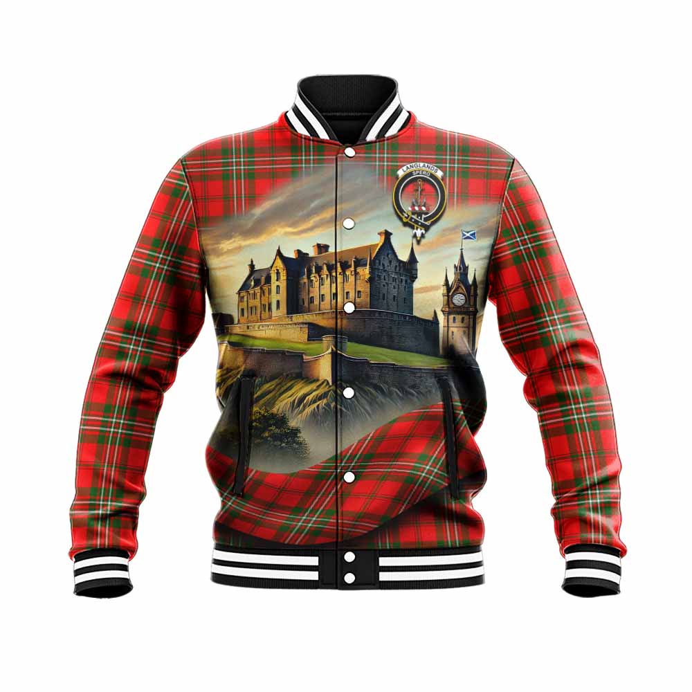 Tartan Vibes Clothing Langlands Tartan Family Crest Baseball Jacket with Scottish Ancient Castle Style