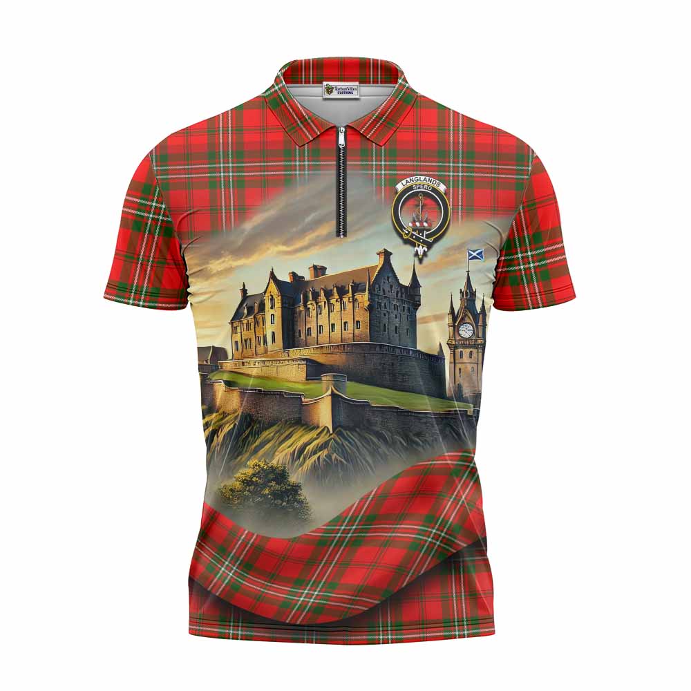 Tartan Vibes Clothing Langlands Tartan Family Crest Zipper Polo Shirt with Scottish Ancient Castle Stype
