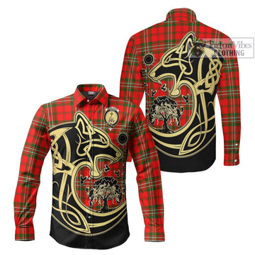 Langlands Tartan Long Sleeve Button Shirt with Family Crest Celtic Wolf Style Men's Shirt S - Tartan Vibes Clothing