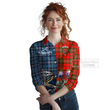Tartan Vibes Clothing Langlands Tartan Women's Casual Shirt Happy St. Andrew's Day Half Tartan Style
