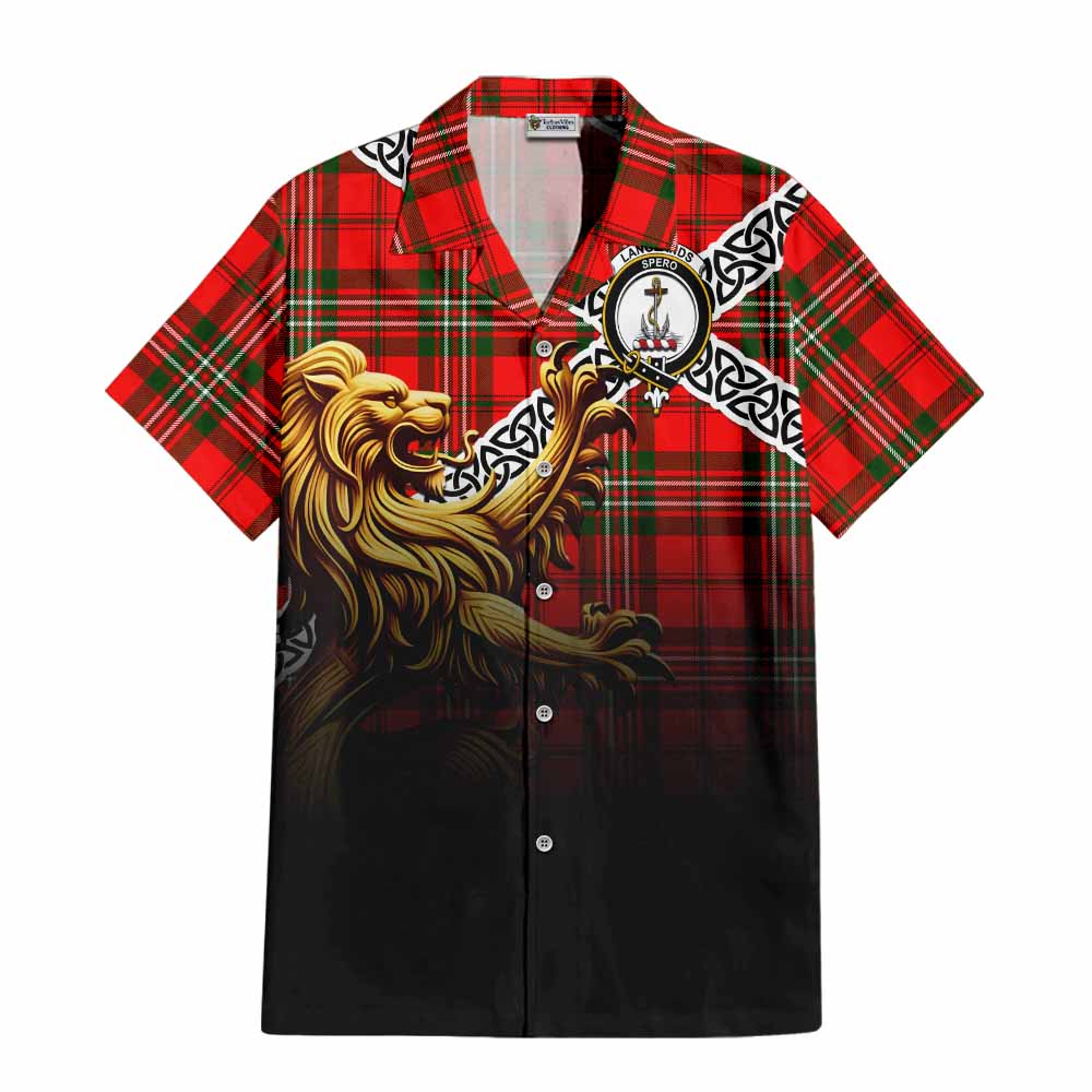 Tartan Vibes Clothing Langlands Crest Tartan Short Sleeve Button Shirt with Golden Lion Emblem Celtic Style