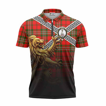 Langlands Crest Tartan Zipper Polo Shirt with Golden Lion Emblem Celtic Style