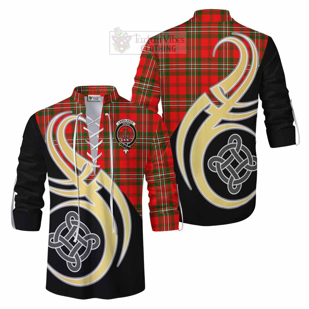 Tartan Vibes Clothing Langlands Tartan Ghillie Kilt Shirt with Family Crest and Celtic Symbol Style