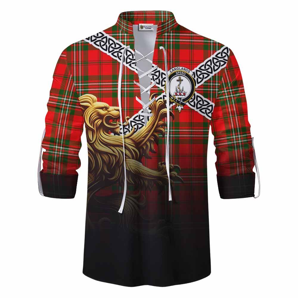 Tartan Vibes Clothing Langlands Crest Tartan Ghillie Kilt Shirt with Golden Lion Emblem Celtic Style