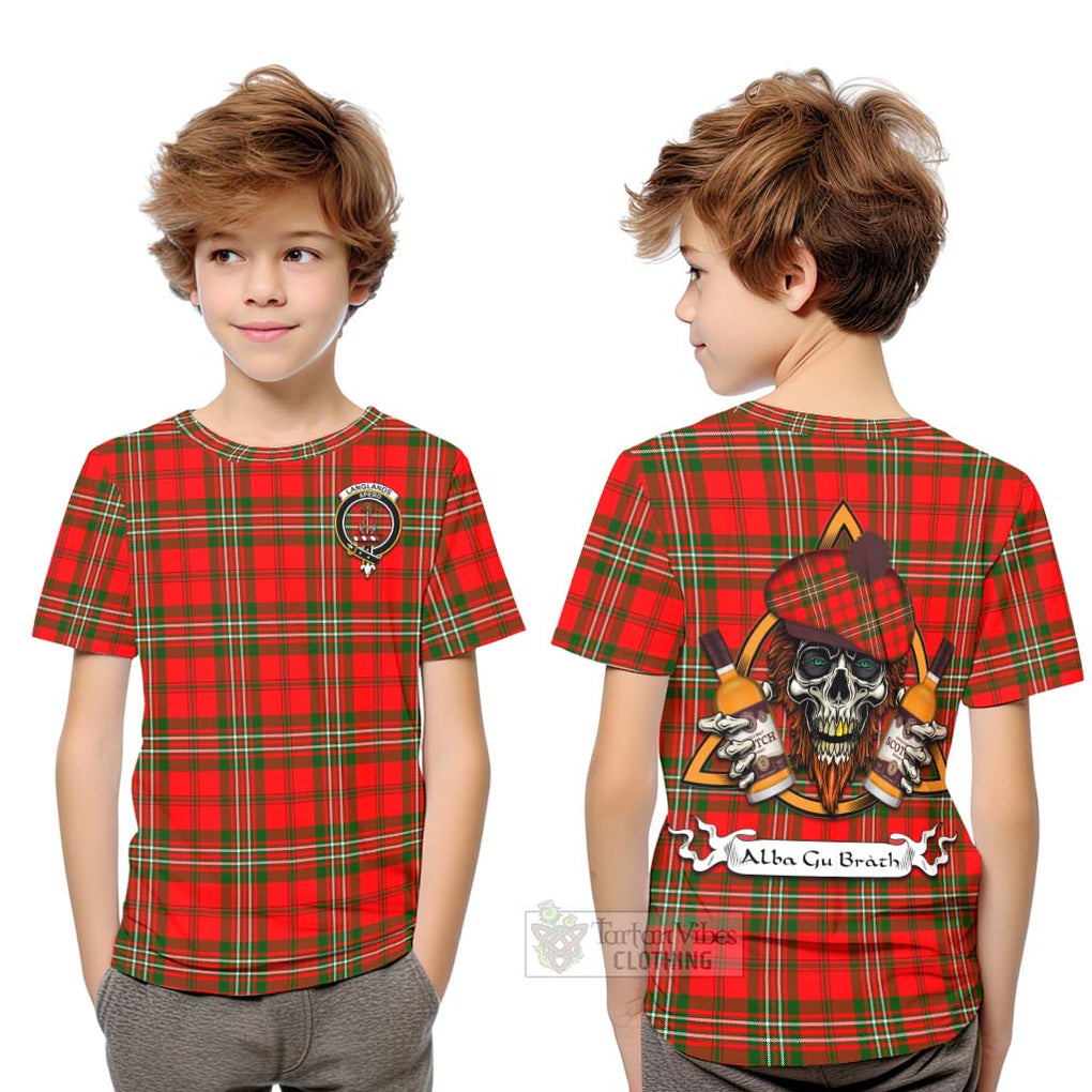 Tartan Vibes Clothing Langlands Tartan Kid T-Shirt with Family Crest and Bearded Skull Holding Bottles of Whiskey