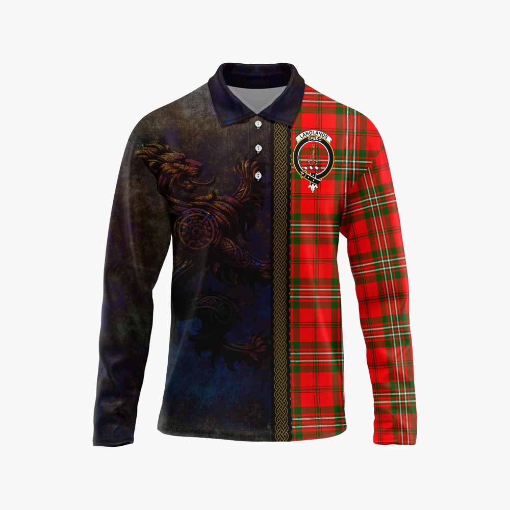 Tartan Vibes Clothing Langlands Tartan Family Crest Long Sleeve Polo Shirt Alba Gu Brath Be Brave Lion Ancient Style