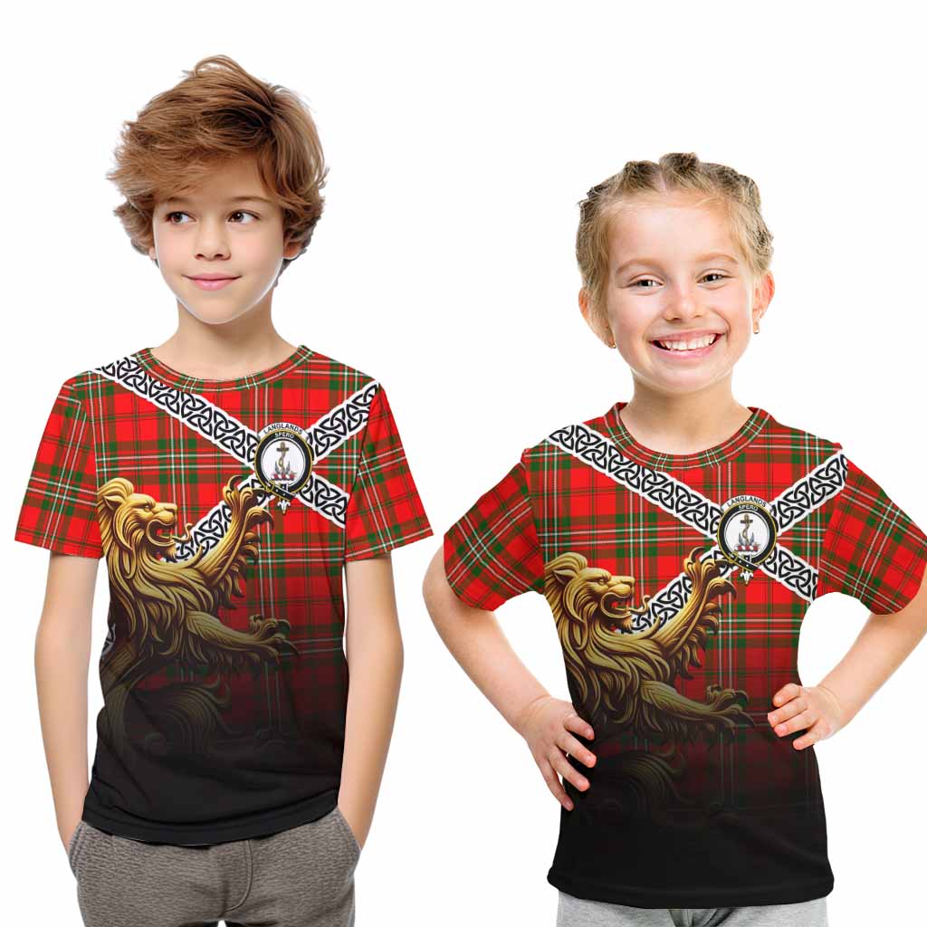 Tartan Vibes Clothing Langlands Crest Tartan Kid T-Shirt with Golden Lion Emblem Celtic Style