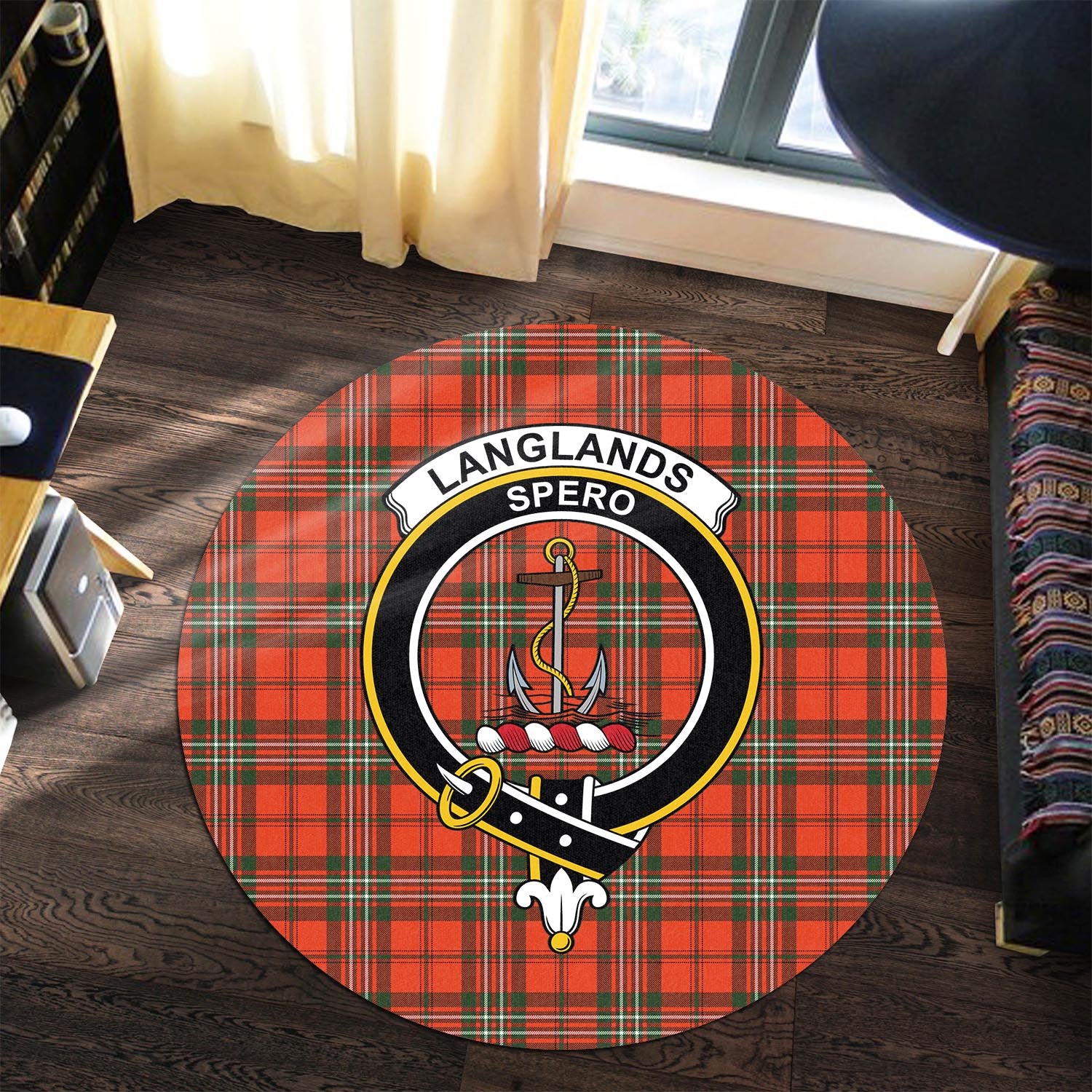 langlands-tartan-round-rug-with-family-crest