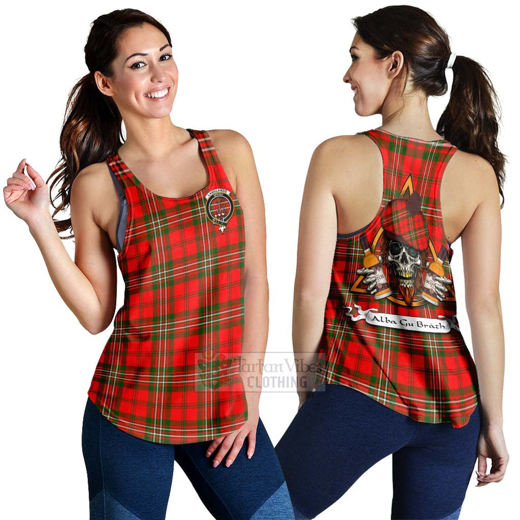Tartan Vibes Clothing Langlands Tartan Women's Racerback Tanks with Family Crest and Bearded Skull Holding Bottles of Whiskey
