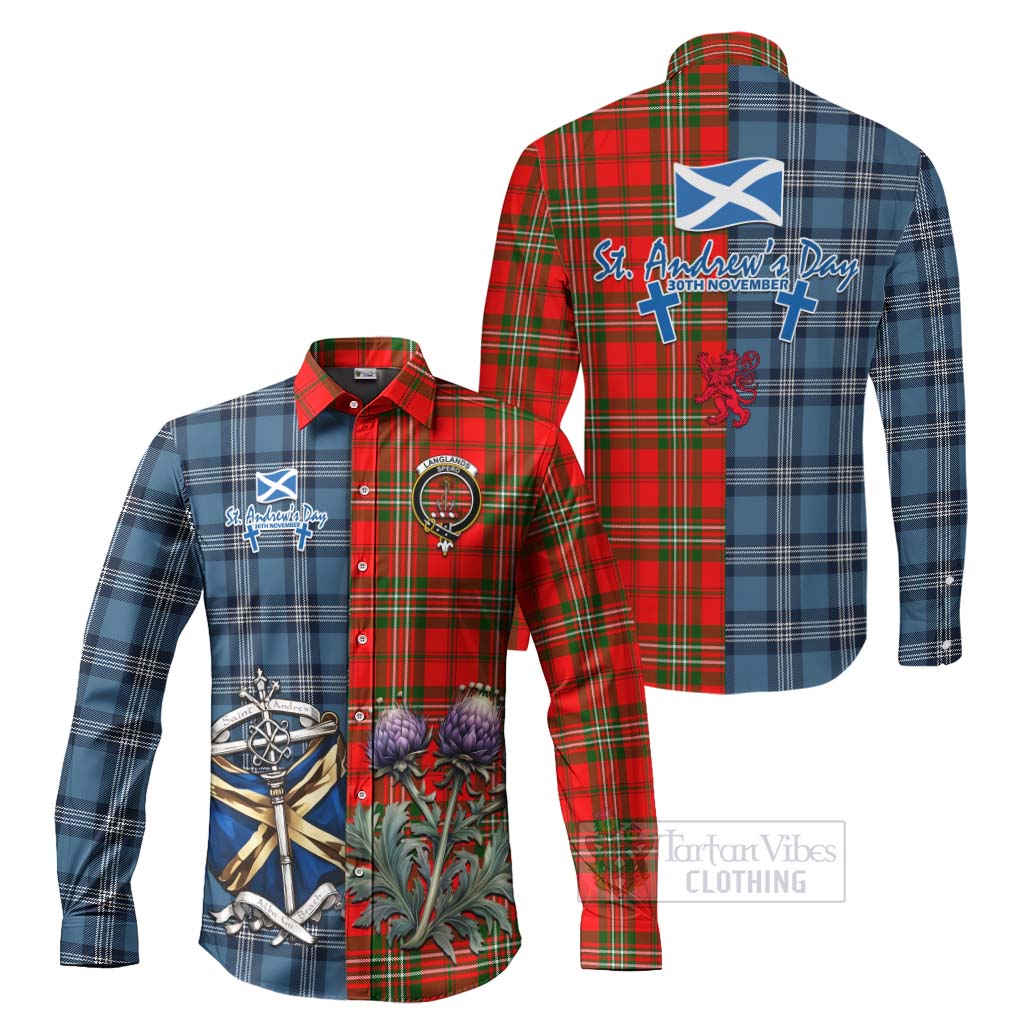 Tartan Vibes Clothing Langlands Tartan Long Sleeve Button Shirt Happy St. Andrew's Day Half Tartan Style