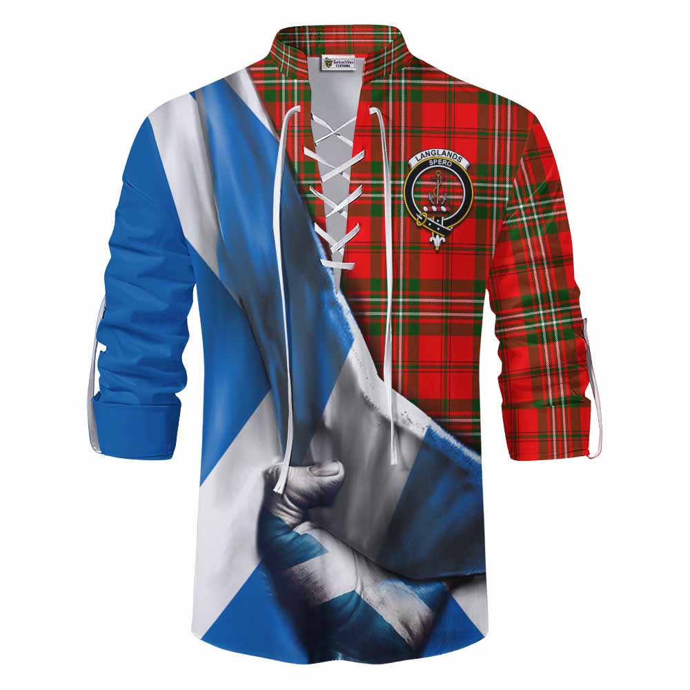 Tartan Vibes Clothing Langlands Tartan Ghillie Kilt Shirt with Family Crest Scotland Patriotic Style