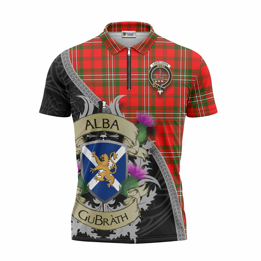 Tartan Vibes Clothing Langlands Tartan Family Crest Zipper Polo Shirt Lion Rampant Royal Thistle Shield Celtic Inspired