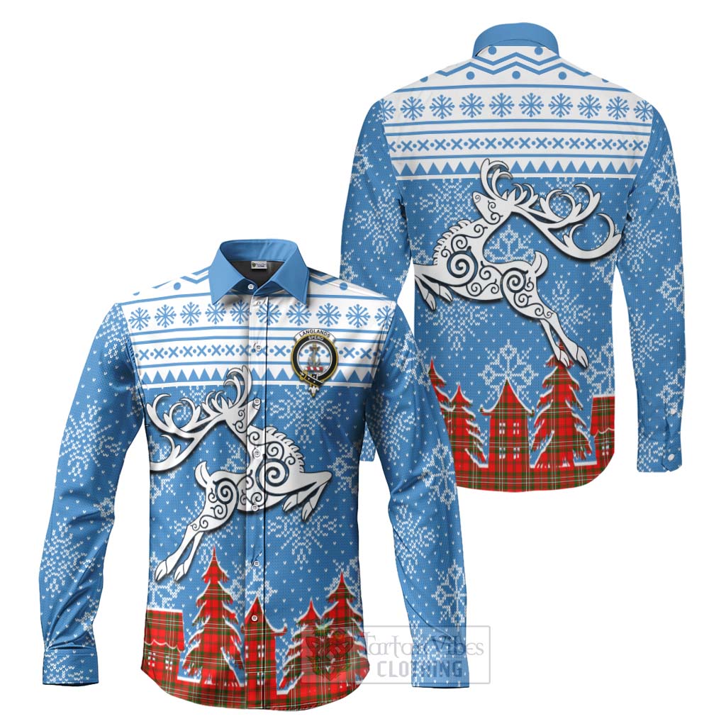 Tartan Vibes Clothing Langlands Clan Christmas Long Sleeve Button Shirt Celtic Reindeer Style