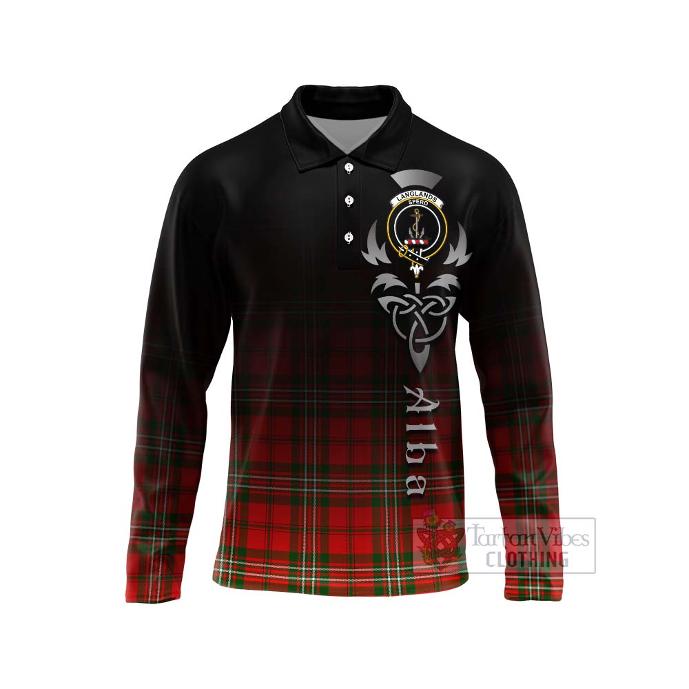 Tartan Vibes Clothing Langlands Tartan Long Sleeve Polo Shirt Featuring Alba Gu Brath Family Crest Celtic Inspired