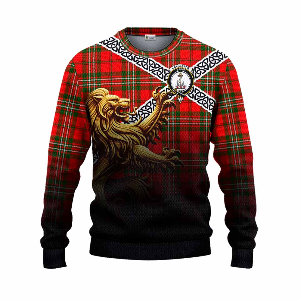 Tartan Vibes Clothing Langlands Crest Tartan Knitted Sweater with Golden Lion Emblem Celtic Style
