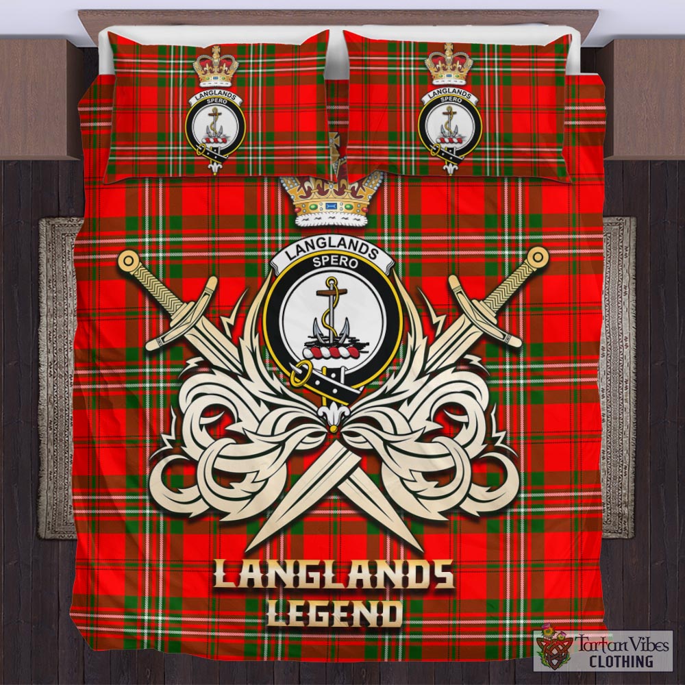 Tartan Vibes Clothing Langlands Tartan Bedding Set with Clan Crest and the Golden Sword of Courageous Legacy