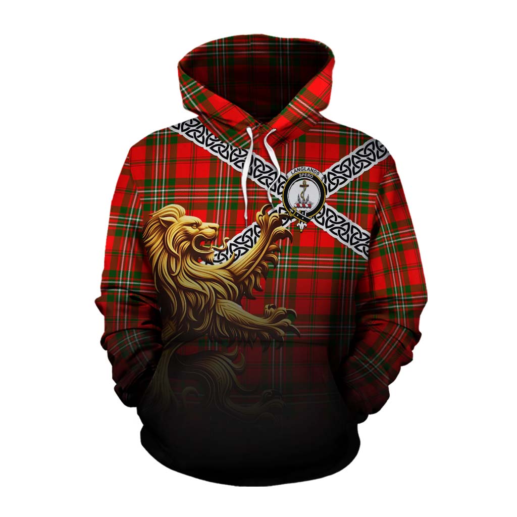 Tartan Vibes Clothing Langlands Crest Tartan Cotton Hoodie with Golden Lion Emblem Celtic Style