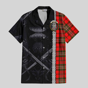 Tartan Vibes Clothing Langlands Tartan Short Sleeve Button Shirt with Family Crest Cross Sword Thistle Celtic Vibes