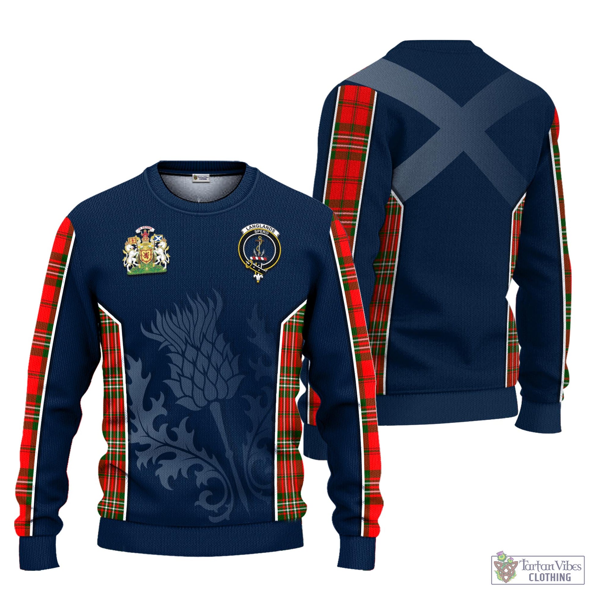 Tartan Vibes Clothing Langlands Tartan Knitted Sweatshirt with Family Crest and Scottish Thistle Vibes Sport Style