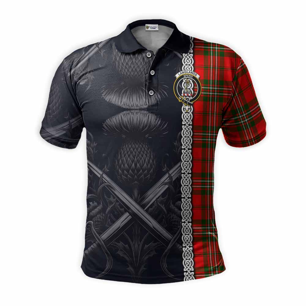 Tartan Vibes Clothing Langlands Tartan Polo Shirt with Family Crest Cross Sword Thistle Celtic Vibes