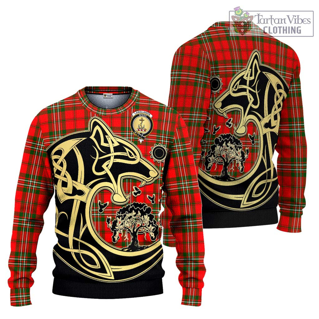 Langlands Tartan Knitted Sweater with Family Crest Celtic Wolf Style Unisex - Tartan Vibes Clothing