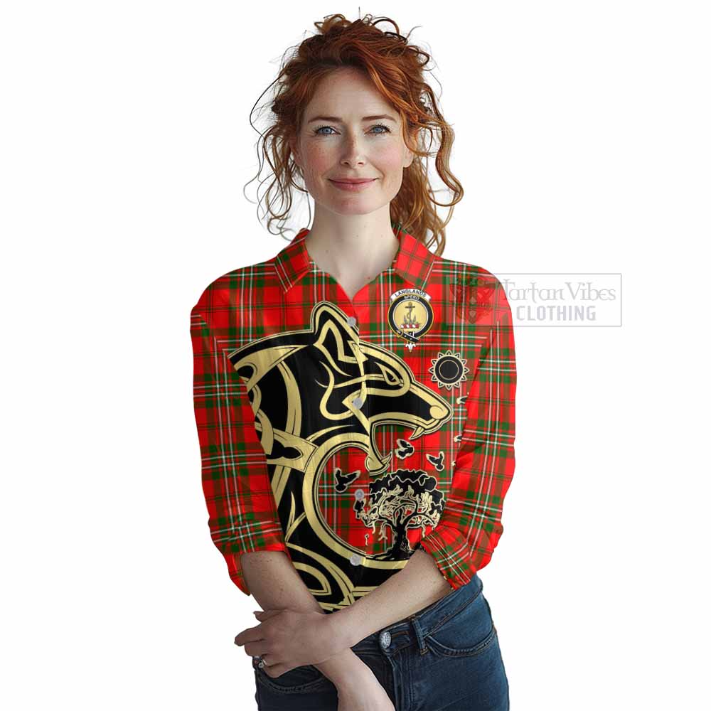 Tartan Vibes Clothing Langlands Tartan Women's Casual Shirt with Family Crest Celtic Wolf Style
