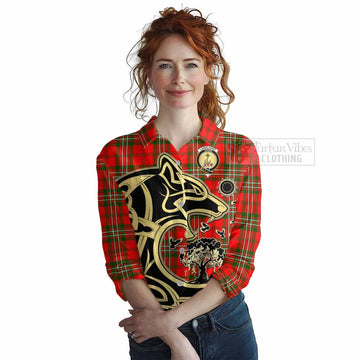 Tartan Vibes Clothing Langlands Tartan Women's Casual Shirt with Family Crest Celtic Wolf Style