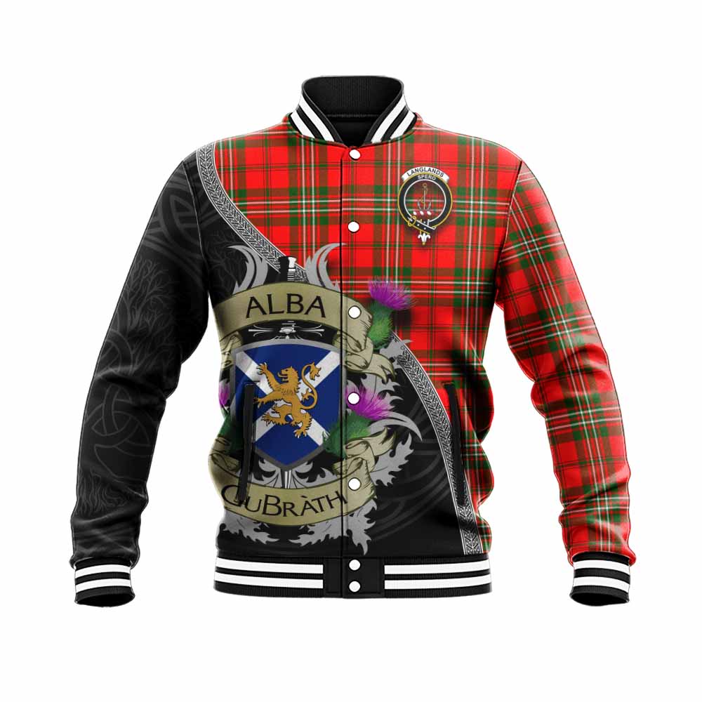 Tartan Vibes Clothing Langlands Tartan Family Crest Baseball Jacket Lion Rampant Royal Thistle Shield Celtic Inspired