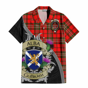 Tartan Vibes Clothing Langlands Tartan Family Crest Short Sleeve Button Shirt Lion Rampant Royal Thistle Shield Celtic Inspired