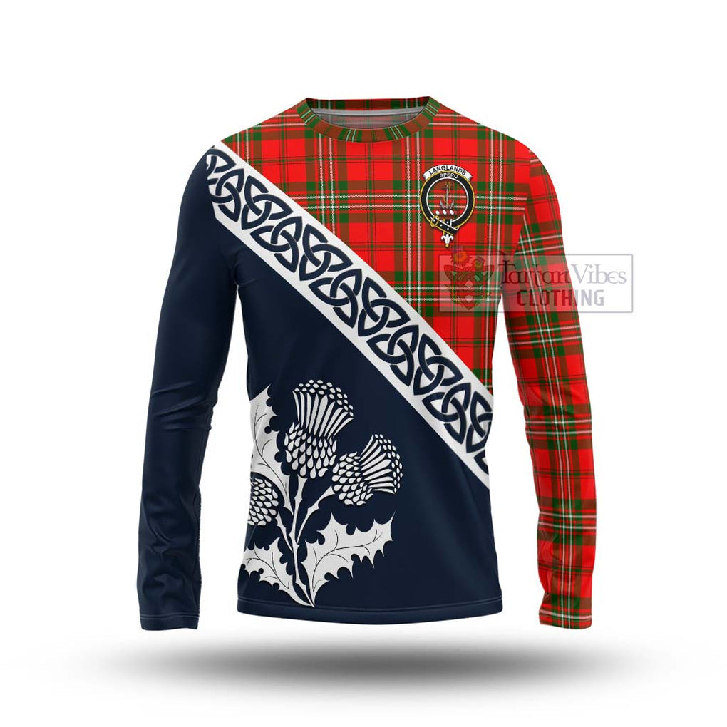 Tartan Vibes Clothing Langlands Tartan Long Sleeve T-Shirt Featuring Thistle and Scotland Map