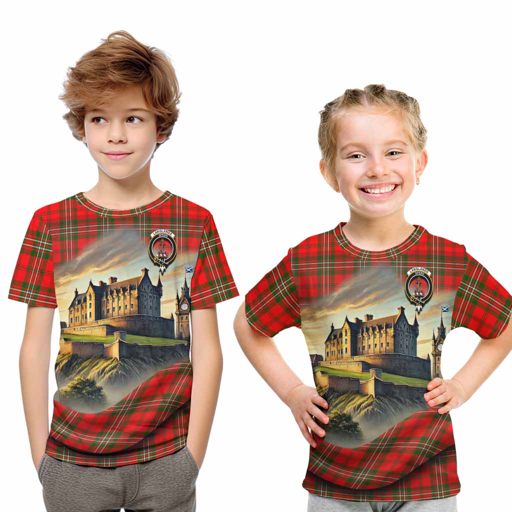 Tartan Vibes Clothing Langlands Tartan Family Crest Kid T-Shirt with Scottish Ancient Castle Style