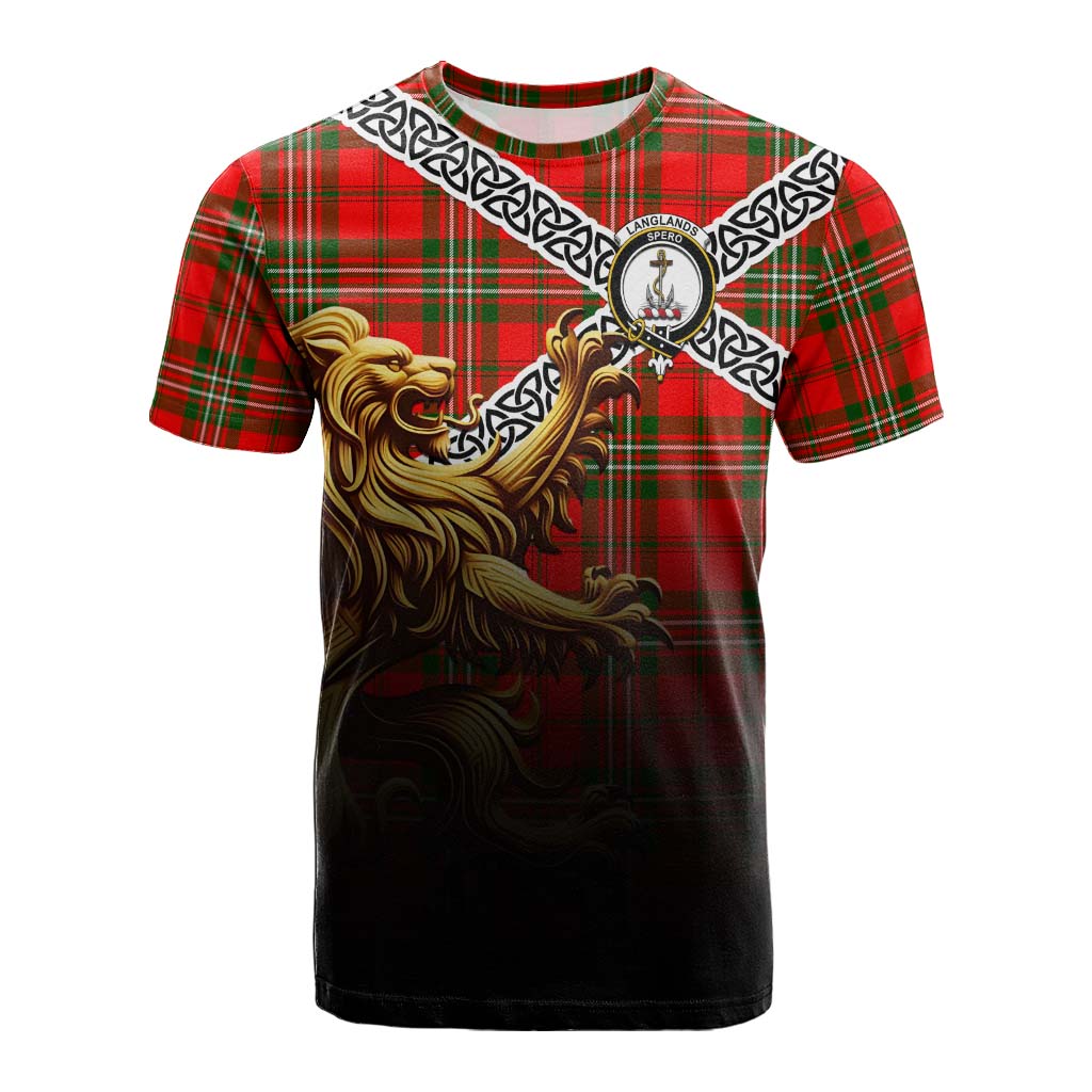 Tartan Vibes Clothing Langlands Crest Tartan Cotton T-shirt with Golden Lion Emblem Celtic Style