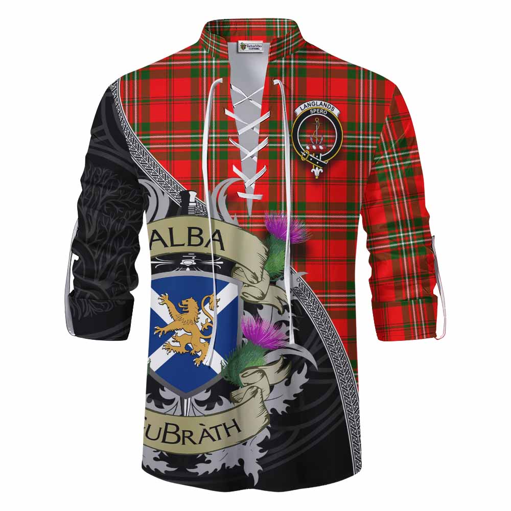 Tartan Vibes Clothing Langlands Tartan Family Crest Ghillie Kilt Shirt Lion Rampant Royal Thistle Shield Celtic Inspired
