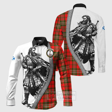 Tartan Vibes Clothing Langlands Tartan Clan Crest Long Sleeve Button Shirt with Highlander Warrior Celtic Style