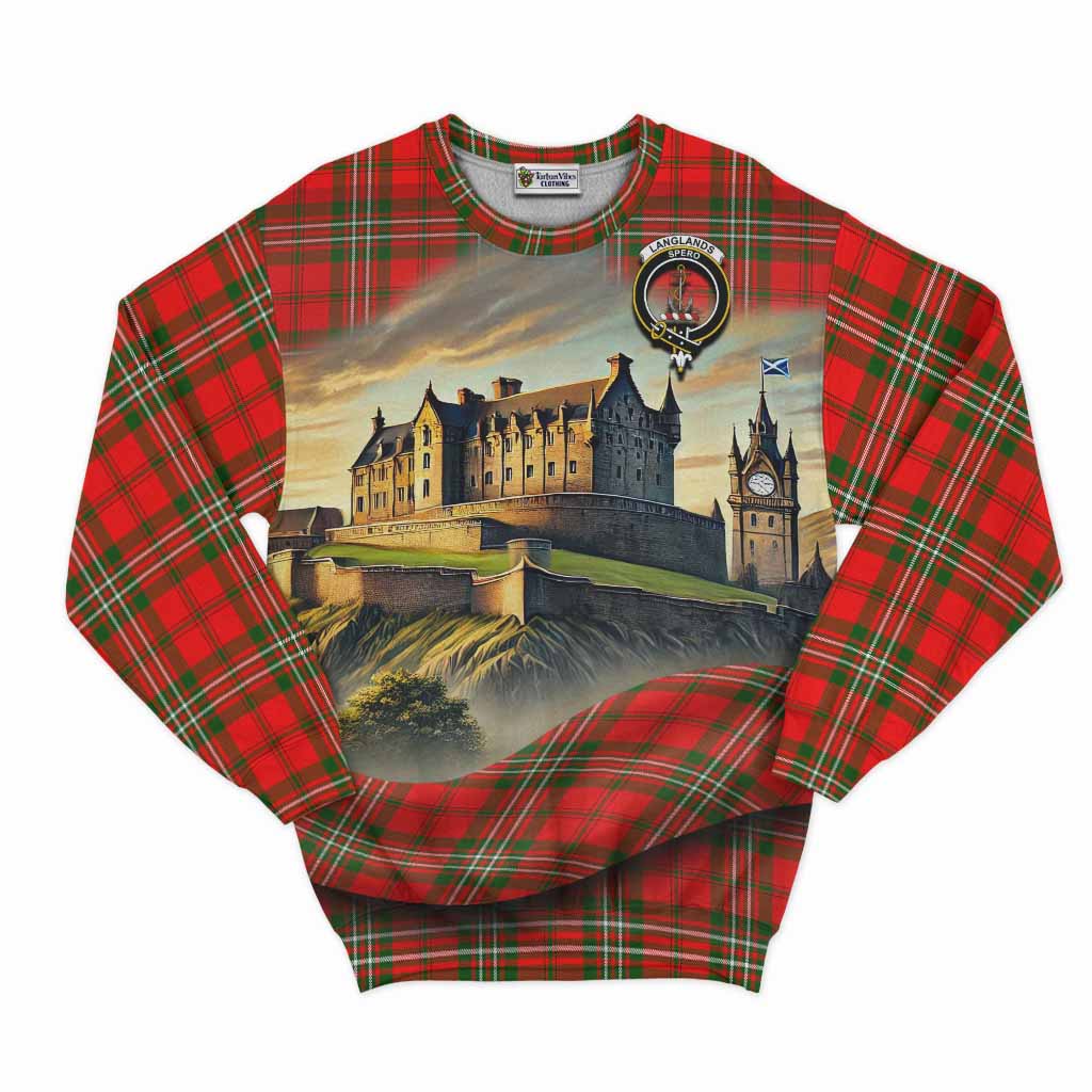 Tartan Vibes Clothing Langlands Tartan Family Crest Sweatshirt with Scottish Ancient Castle Style