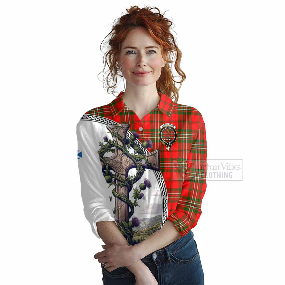 Tartan Vibes Clothing Langlands Tartan Women's Casual Shirt with Family Crest and St. Andrew's Cross Accented by Thistle Vines