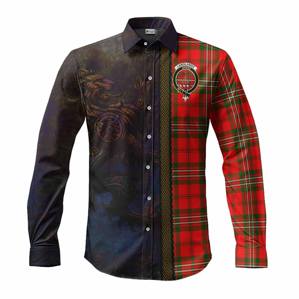 Tartan Vibes Clothing Langlands Tartan Family Crest Long Sleeve Button Shirt Alba Gu Brath Be Brave Lion Ancient Style