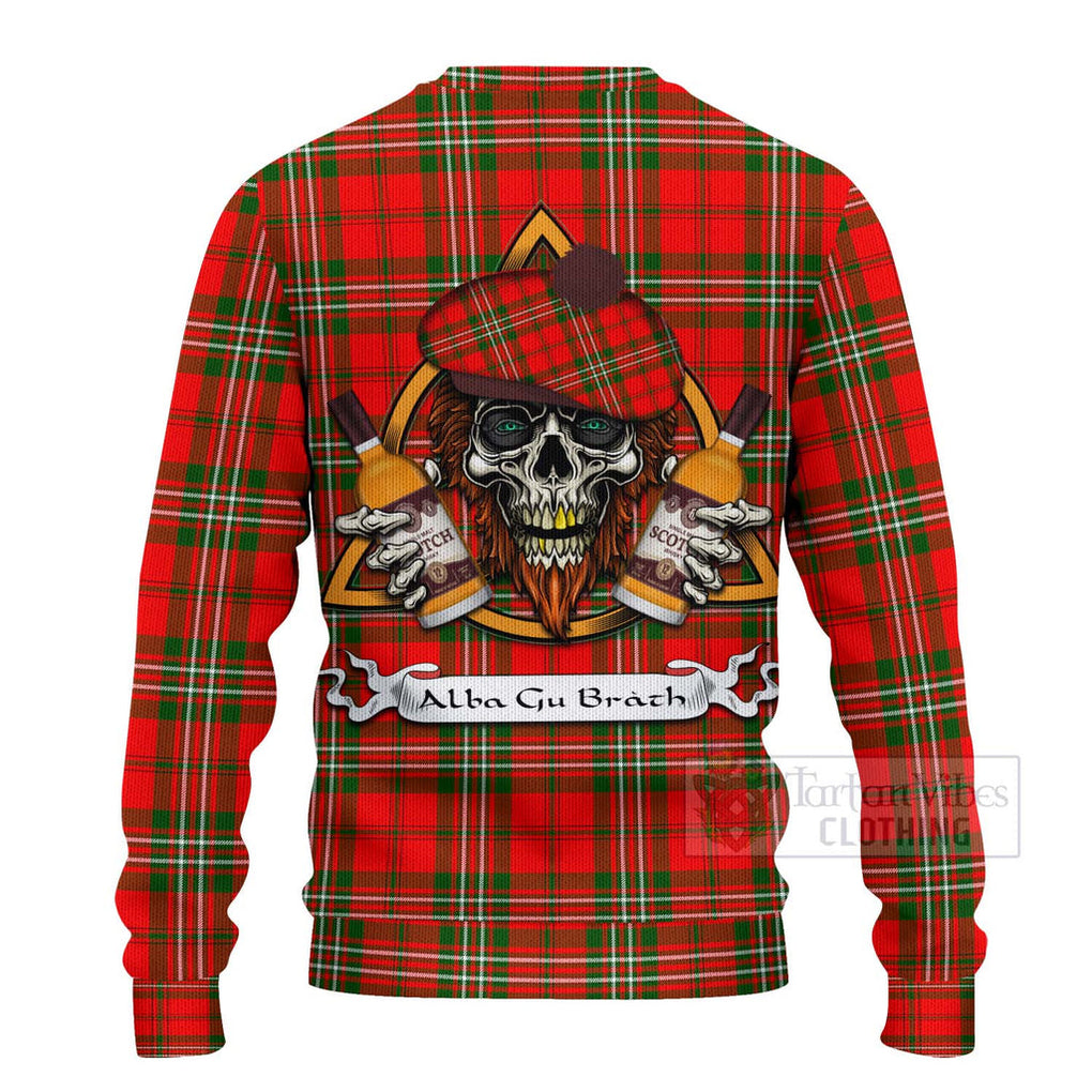 Tartan Vibes Clothing Langlands Tartan Knitted Sweater with Family Crest and Bearded Skull Holding Bottles of Whiskey