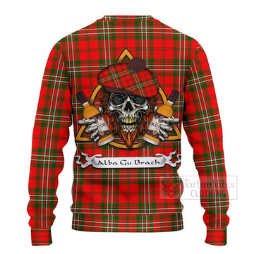 Tartan Vibes Clothing Langlands Tartan Knitted Sweater with Family Crest and Bearded Skull Holding Bottles of Whiskey