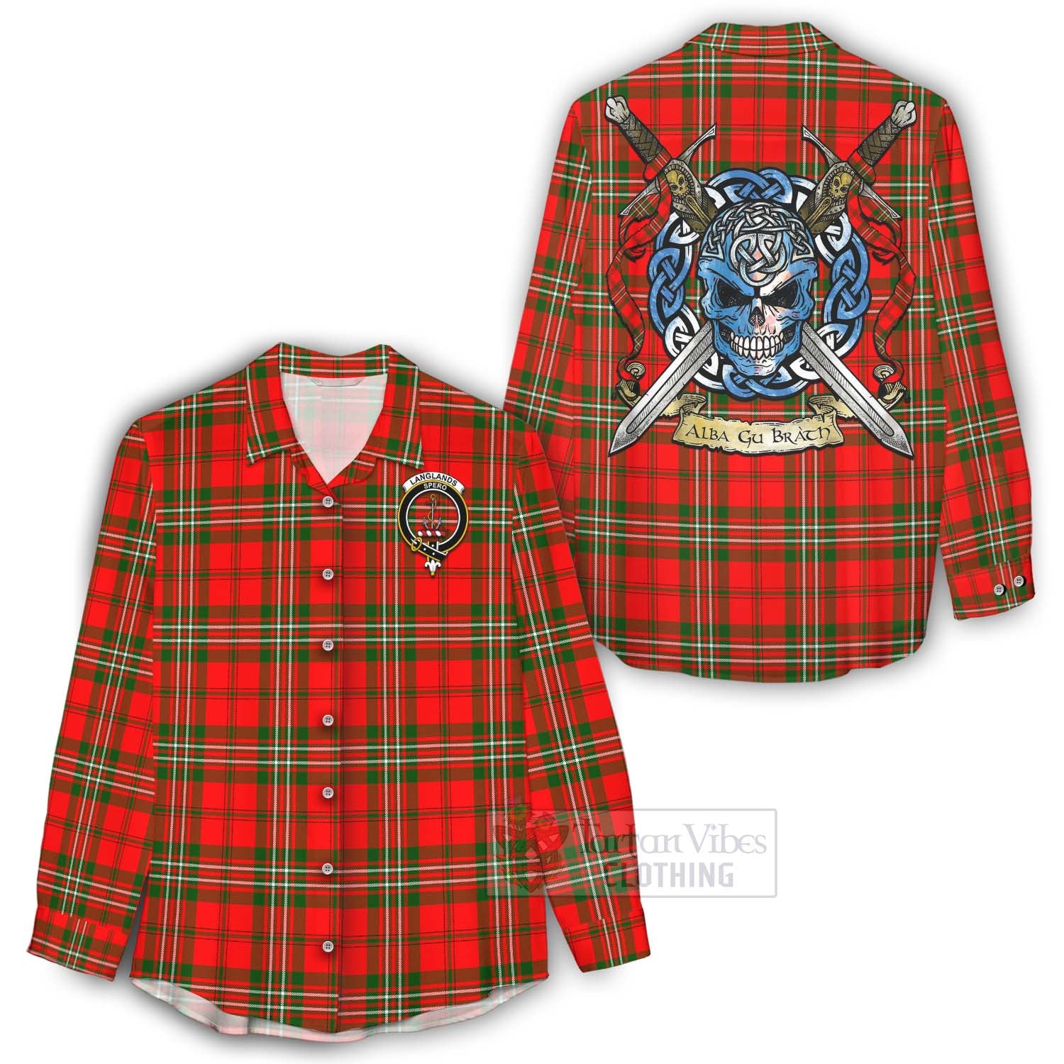 Tartan Vibes Clothing Langlands Tartan Women's Casual Shirt with Family Crest Celtic Skull Style