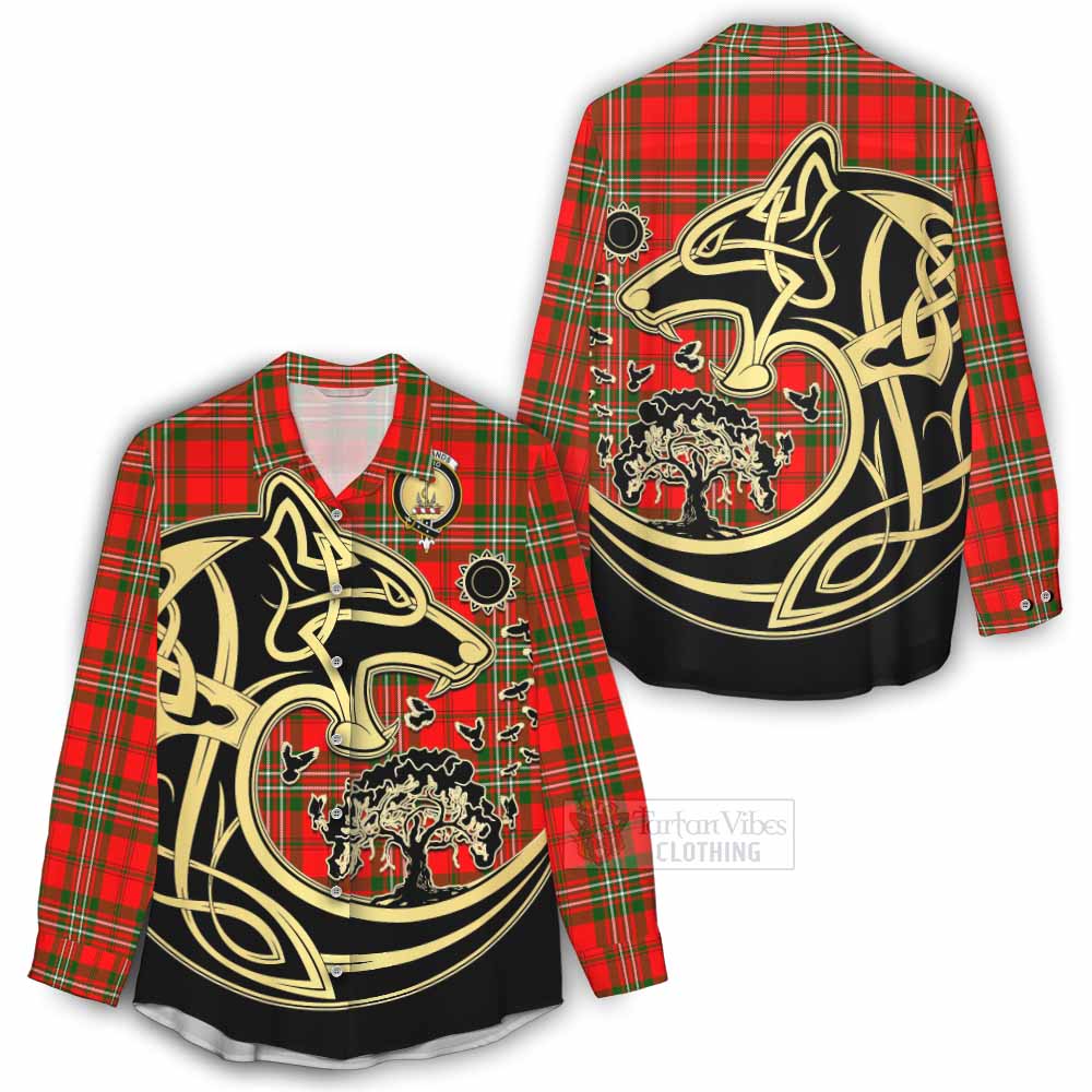 Tartan Vibes Clothing Langlands Tartan Women's Casual Shirt with Family Crest Celtic Wolf Style