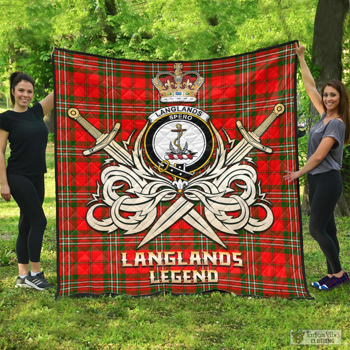 Tartan Vibes Clothing Langlands Tartan Quilt with Clan Crest and the Golden Sword of Courageous Legacy
