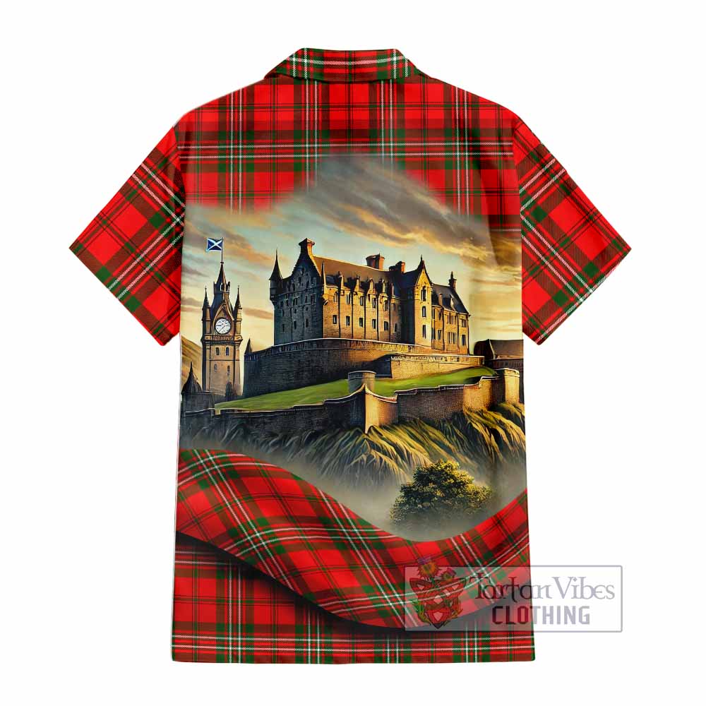 Tartan Vibes Clothing Langlands Tartan Family Crest Short Sleeve Button Shirt with Scottish Ancient Castle Style