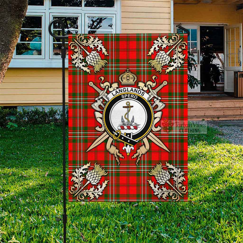 Tartan Vibes Clothing Langlands Tartan Flag with Family Crest and Golden Thistle Crossed Sword Design